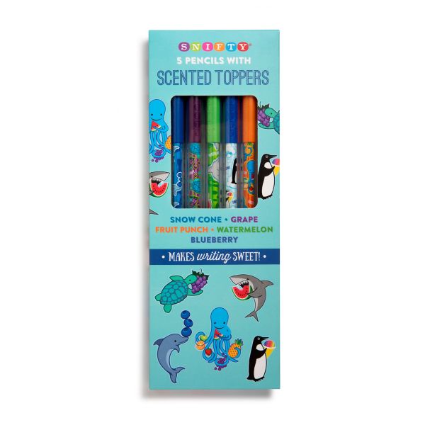 Aquarium Themed Graphite Pencils with Scented Toppers Blueberry Fruit Punch Watermelon Red Co Grape Snow Cone 5-Pack 